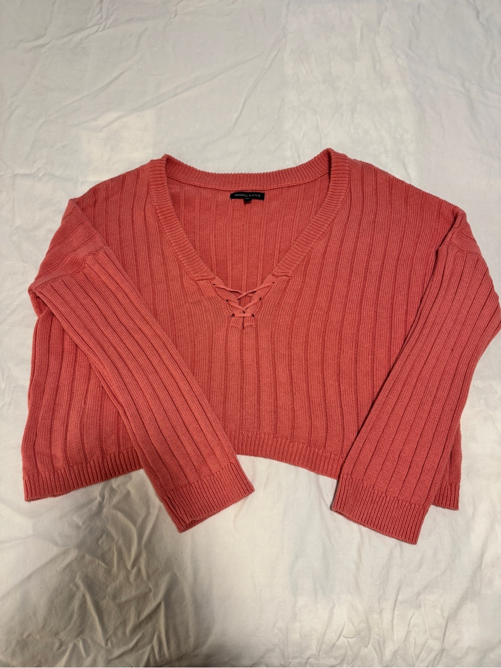 Kendall & Kylie Coral Ribbed Lace-Up V-Neck Crop Sweater